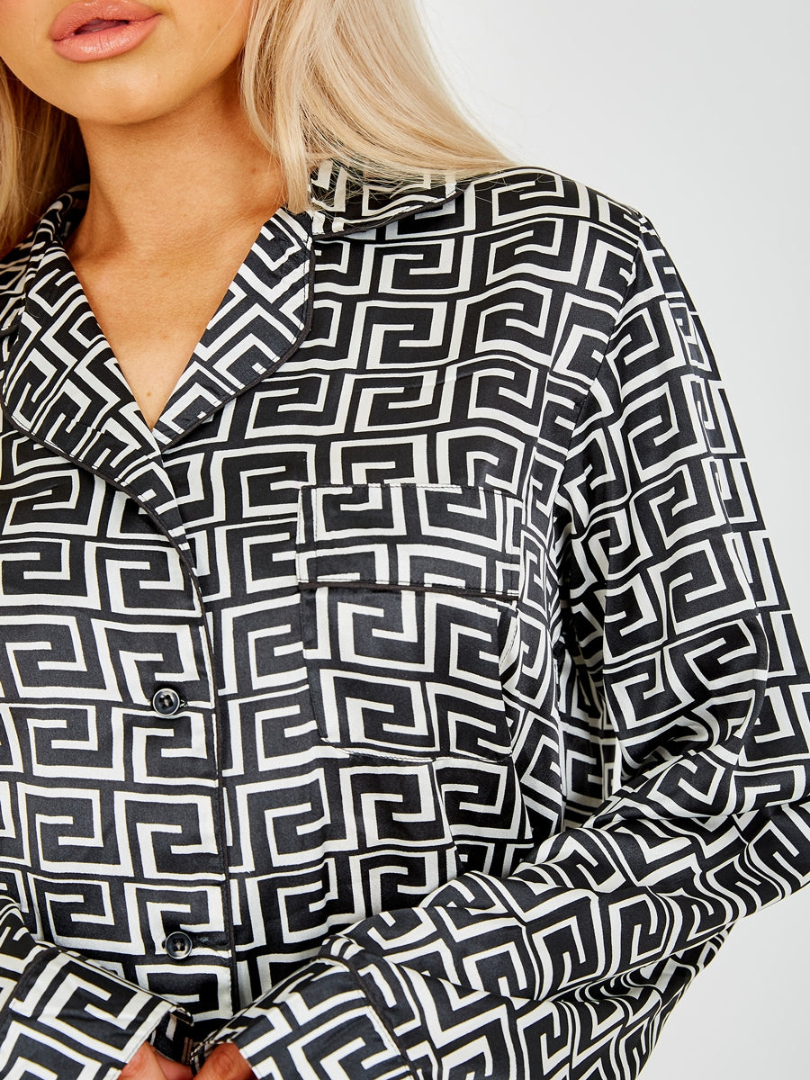 Zig Zag Print Satin Long PJ Set