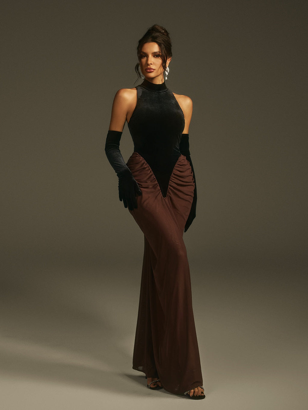 Lenore Halterneck Velvet Maxi Dress With Gloves