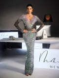 Liora Sequin Crystal Draped Split Maxi Dress