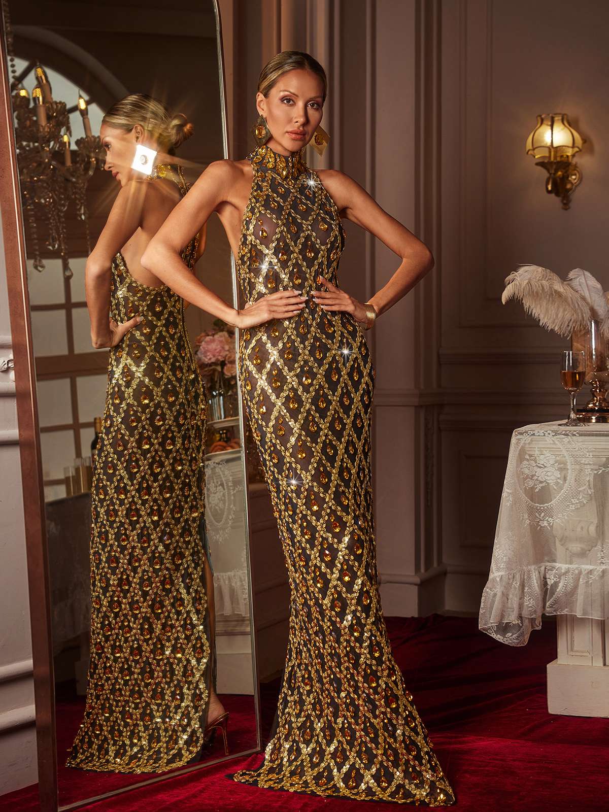 Liora Sequin Crystal Maxi Dress In Gold