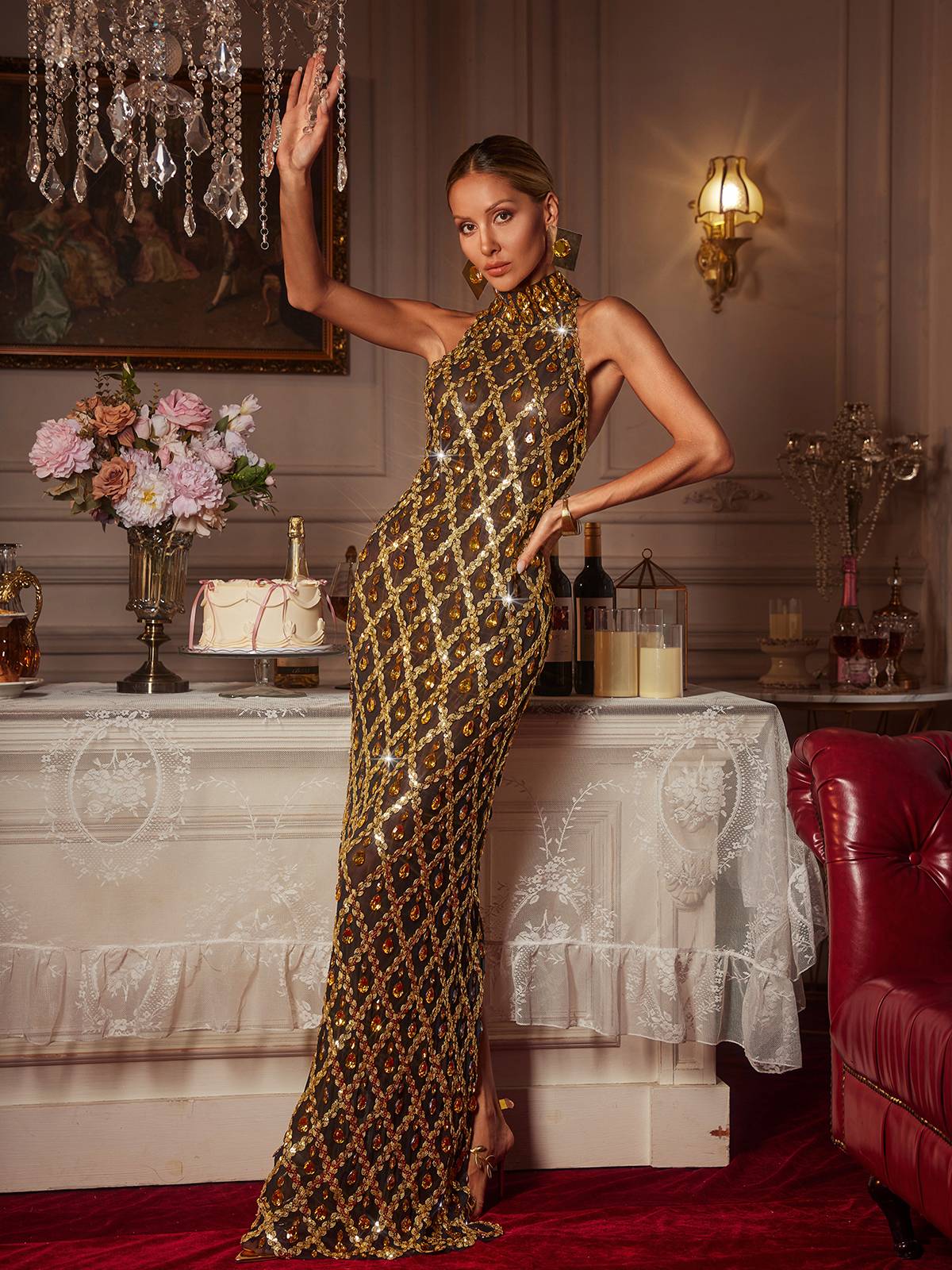 Liora Sequin Crystal Maxi Dress In Gold