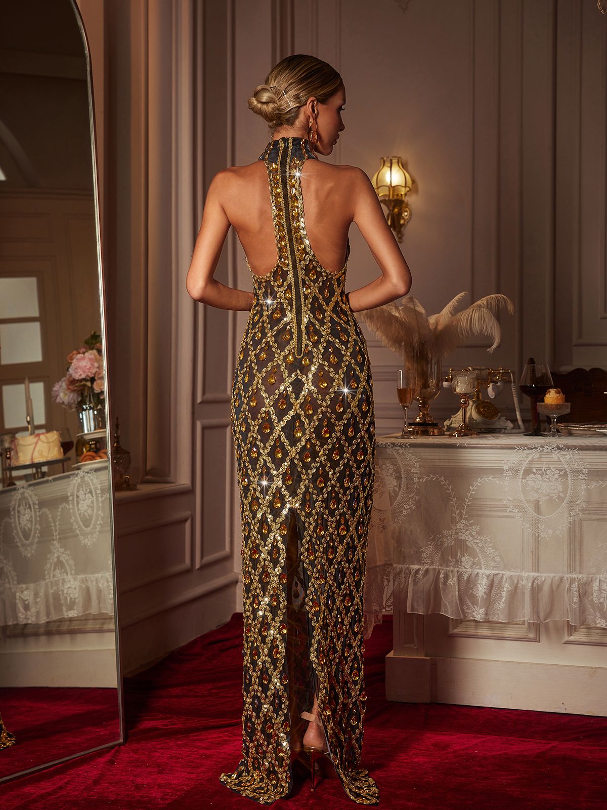 Liora Sequin Crystal Maxi Dress In Gold