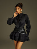 Lisandro Collar Ruched Ruffle Mini Dress In Black