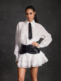 Lisandro Collar Ruched Ruffle Mini Dress In White