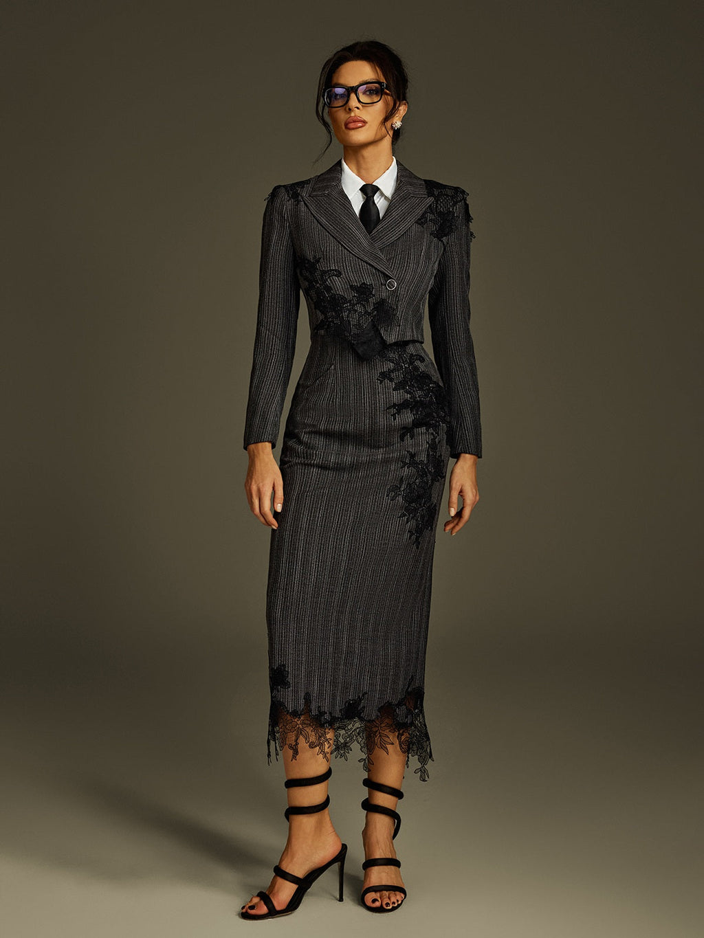 Liselle Lace Stripe Blazer Skirt Set