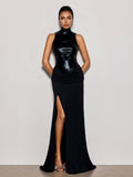 Lixora High Neck Split Leather Maxi Dress