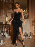 Lois Strapless Sequin Feather Trimmed Maxi Dress In Black