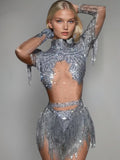 Lorvain Rhinestone Fringe Bodysuit In Silver