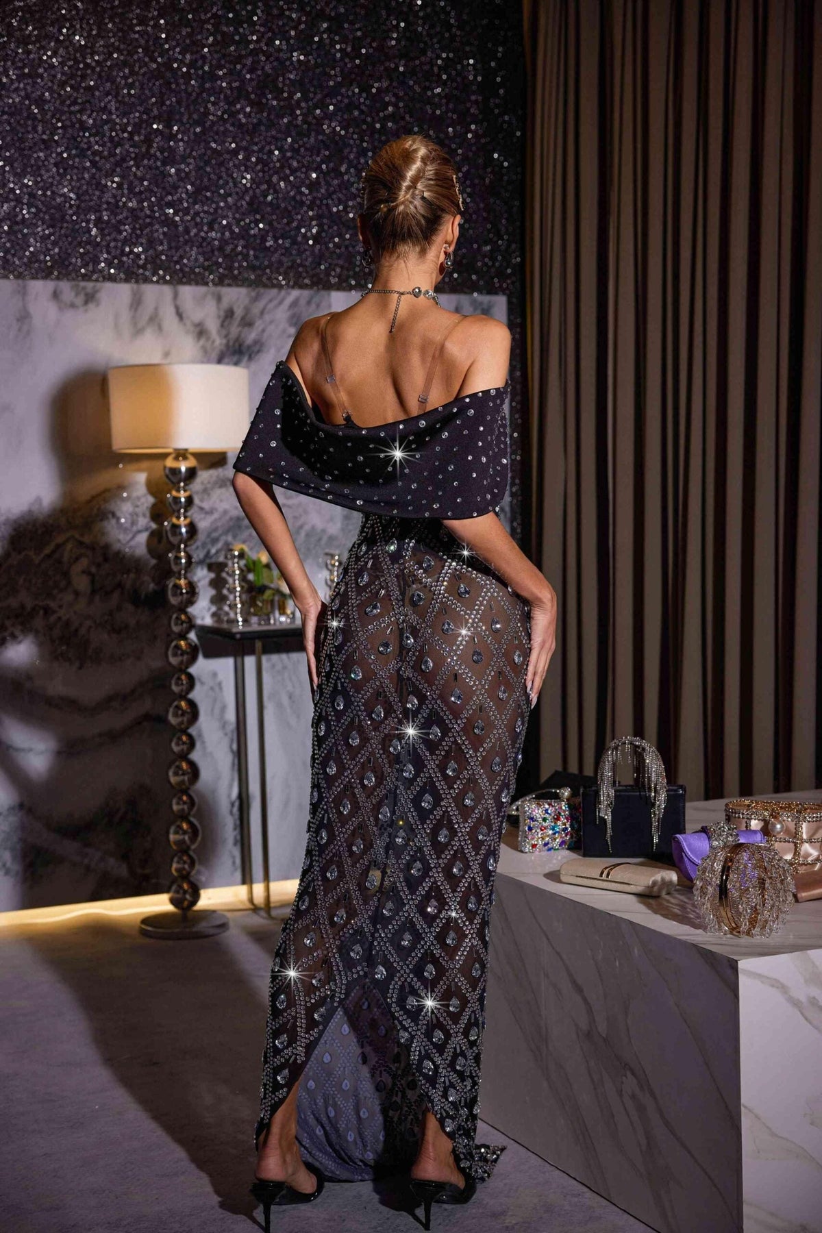 Lucca Rhinestone Mesh Maxi Dress