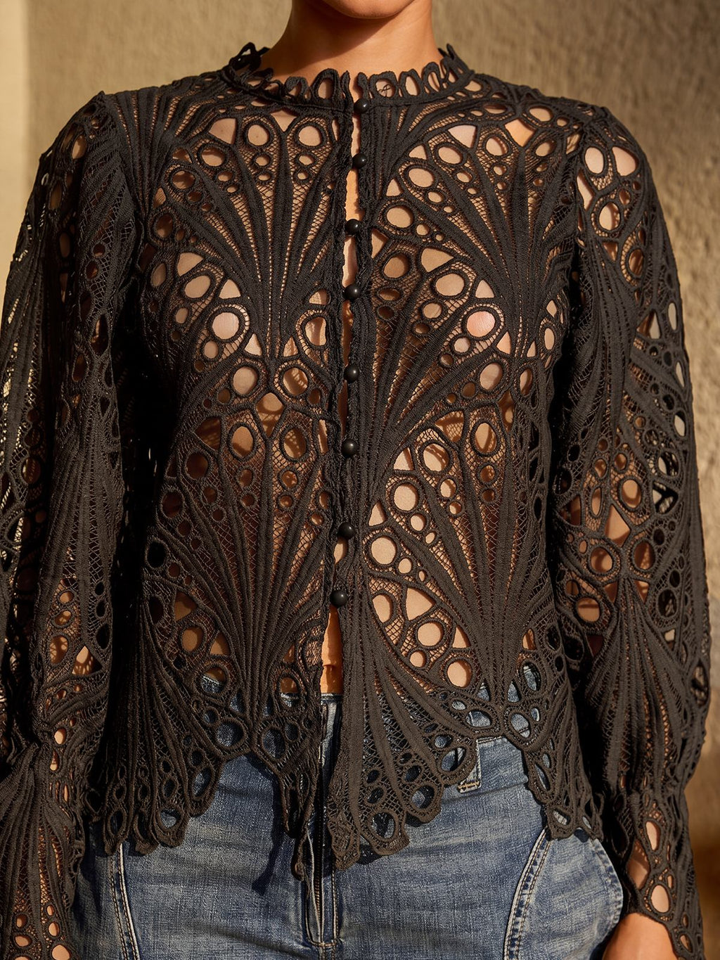 Lysendral Long Sleeve Crochet Top In Black