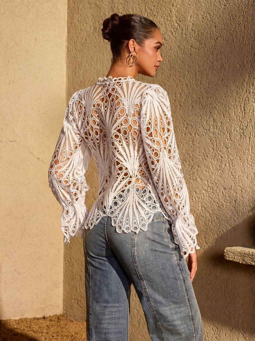 Lysendral Long Sleeve Crochet Top In White