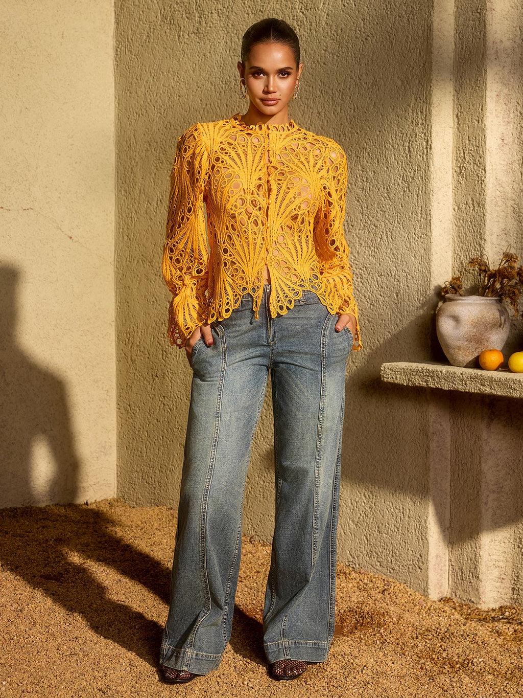 Lysendral Long Sleeve Crochet Top In Yellow