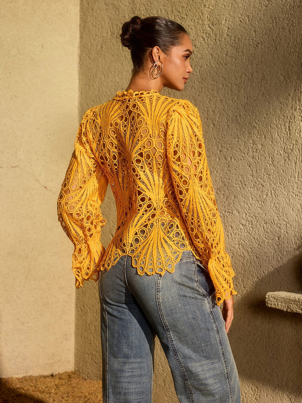 Lysendral Long Sleeve Crochet Top In Yellow