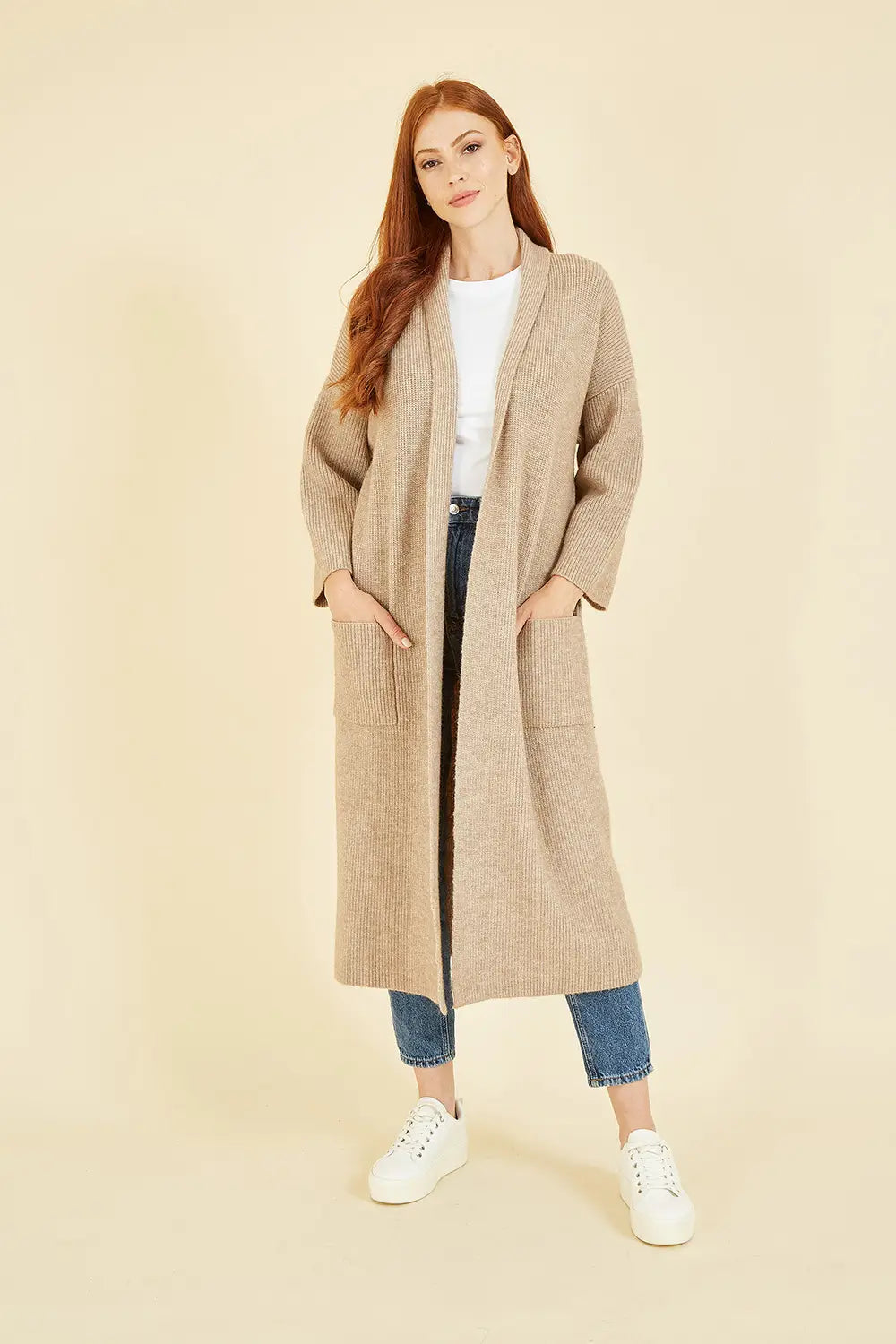 Yumi Oatmeal Knitted Maxi Cardigan With Pockets