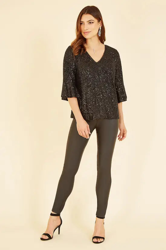 Yumi Black Sequin Top With Fluted Sleeve