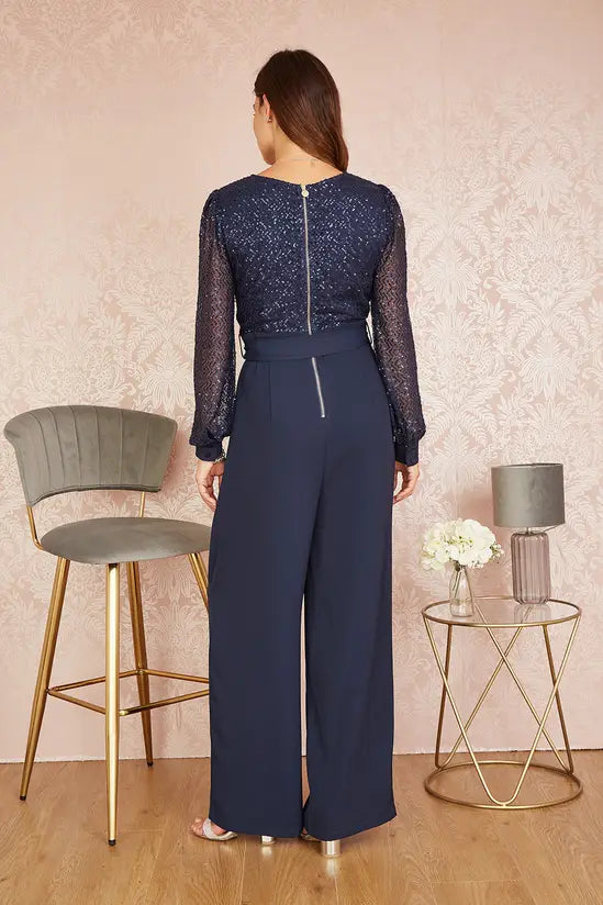 Yumi Navy Sequin Jumpsuit With Long Sleeves