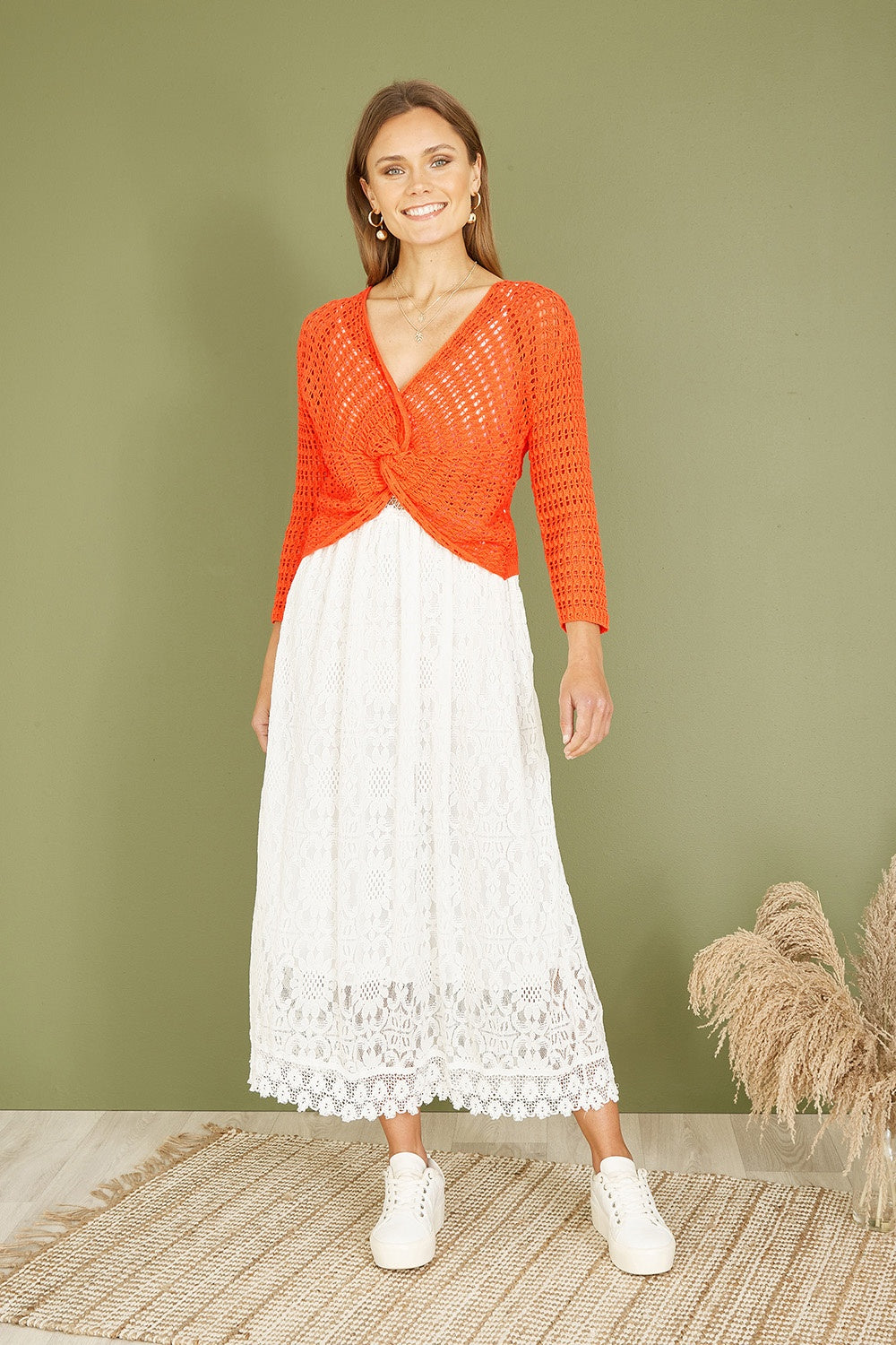 Yumi Orange Cotton Crochet Twisted Bolero Top