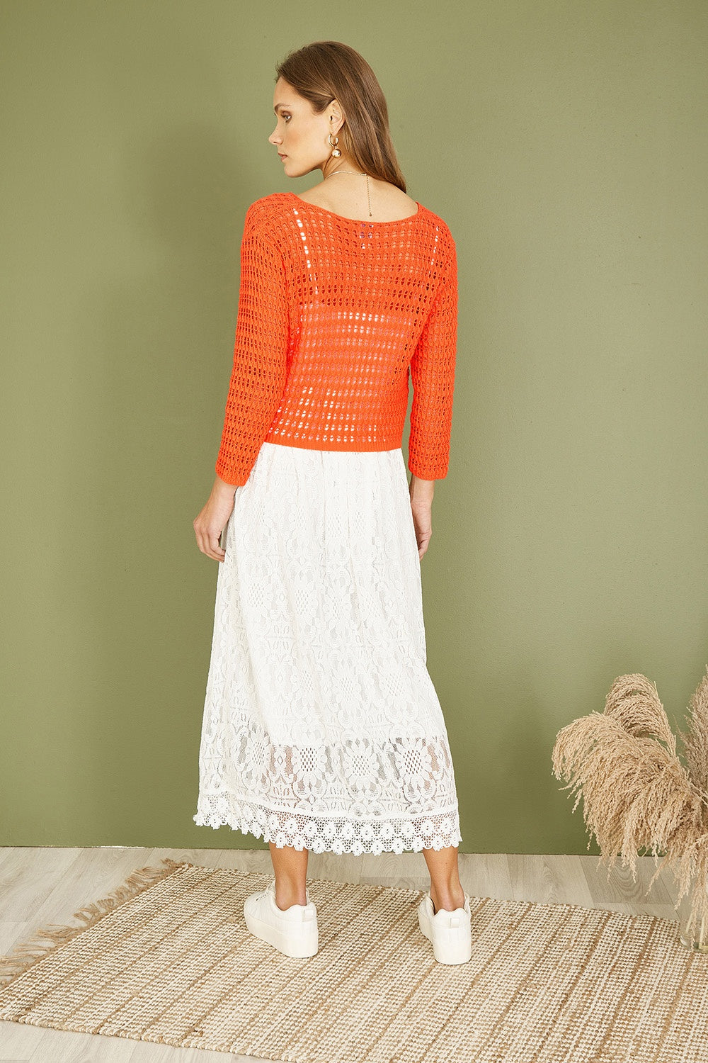 Yumi Orange Cotton Crochet Twisted Bolero Top