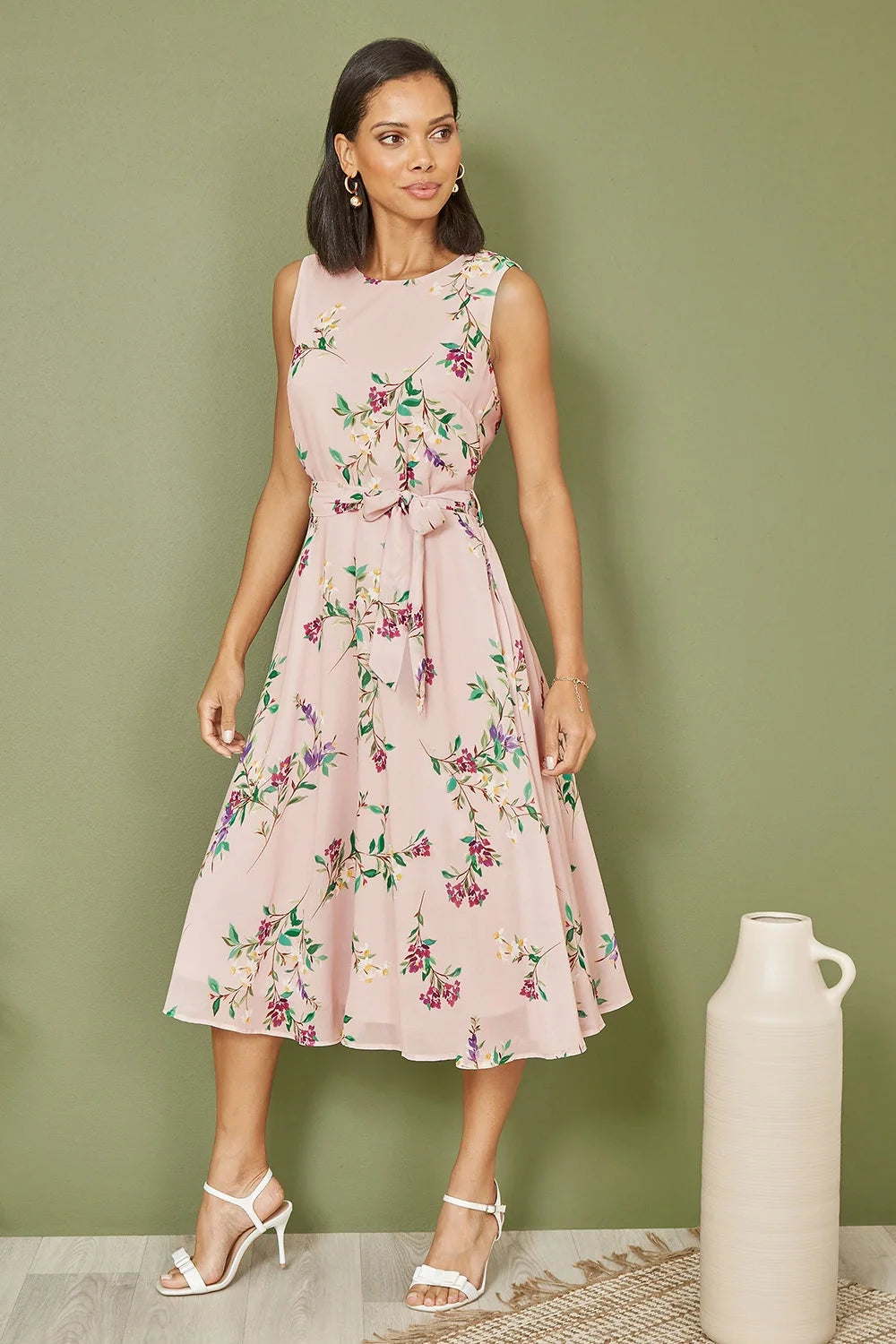Yumi Blush Floral Print Midi Skater Dress