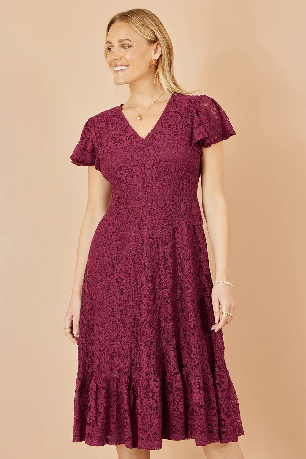 Yumi Burgundy Stretch Lace Puff Sleeve Midi Dress