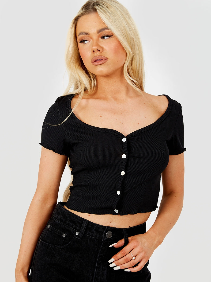 Button Front Ribbed Crop Top
