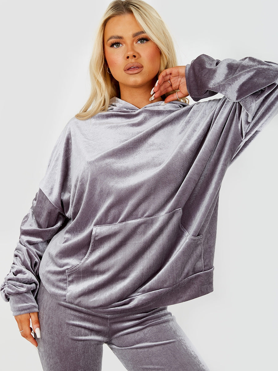 Velour Ruched Sleeve Hoodie & Flared Trouser Co-ord