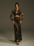 Mareike Long Sleeve Lace Split Maxi Dress In Black