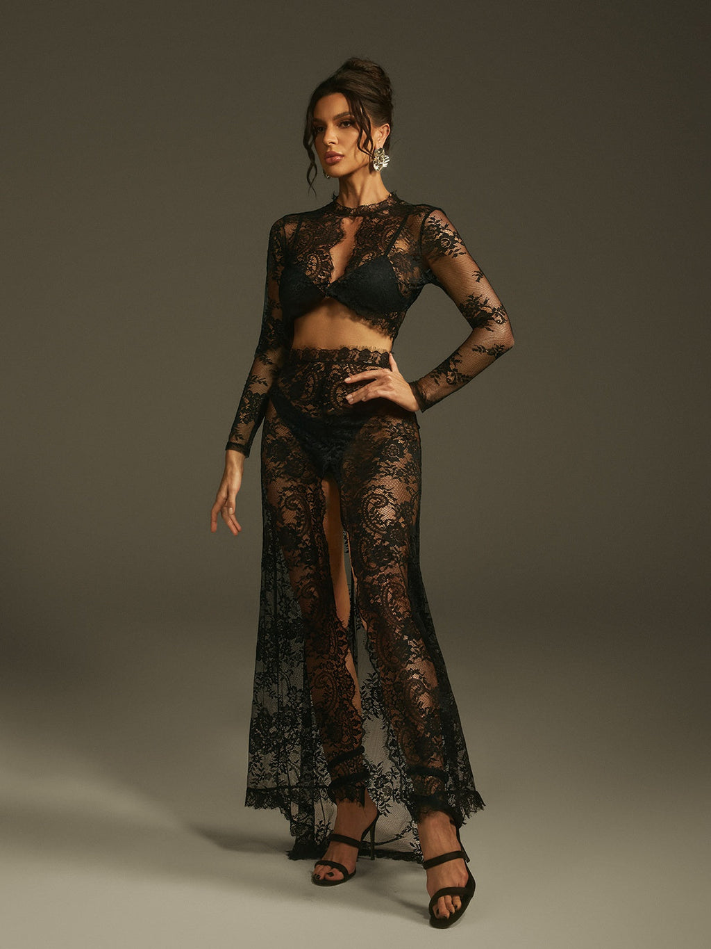 Mareike Long Sleeve Lace Split Maxi Dress In Black