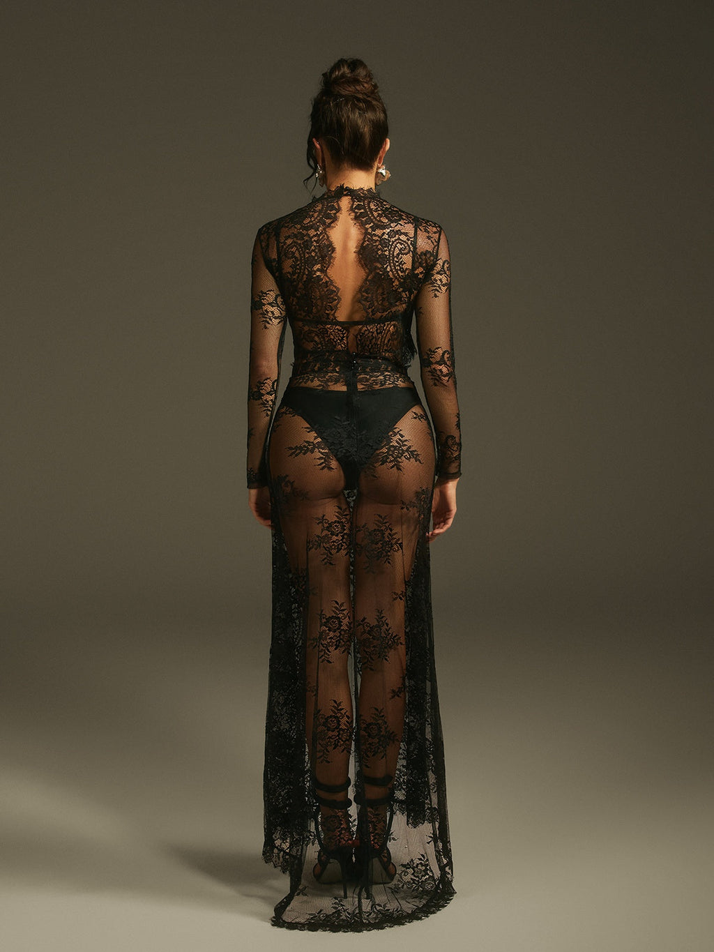 Mareike Long Sleeve Lace Split Maxi Dress In Black