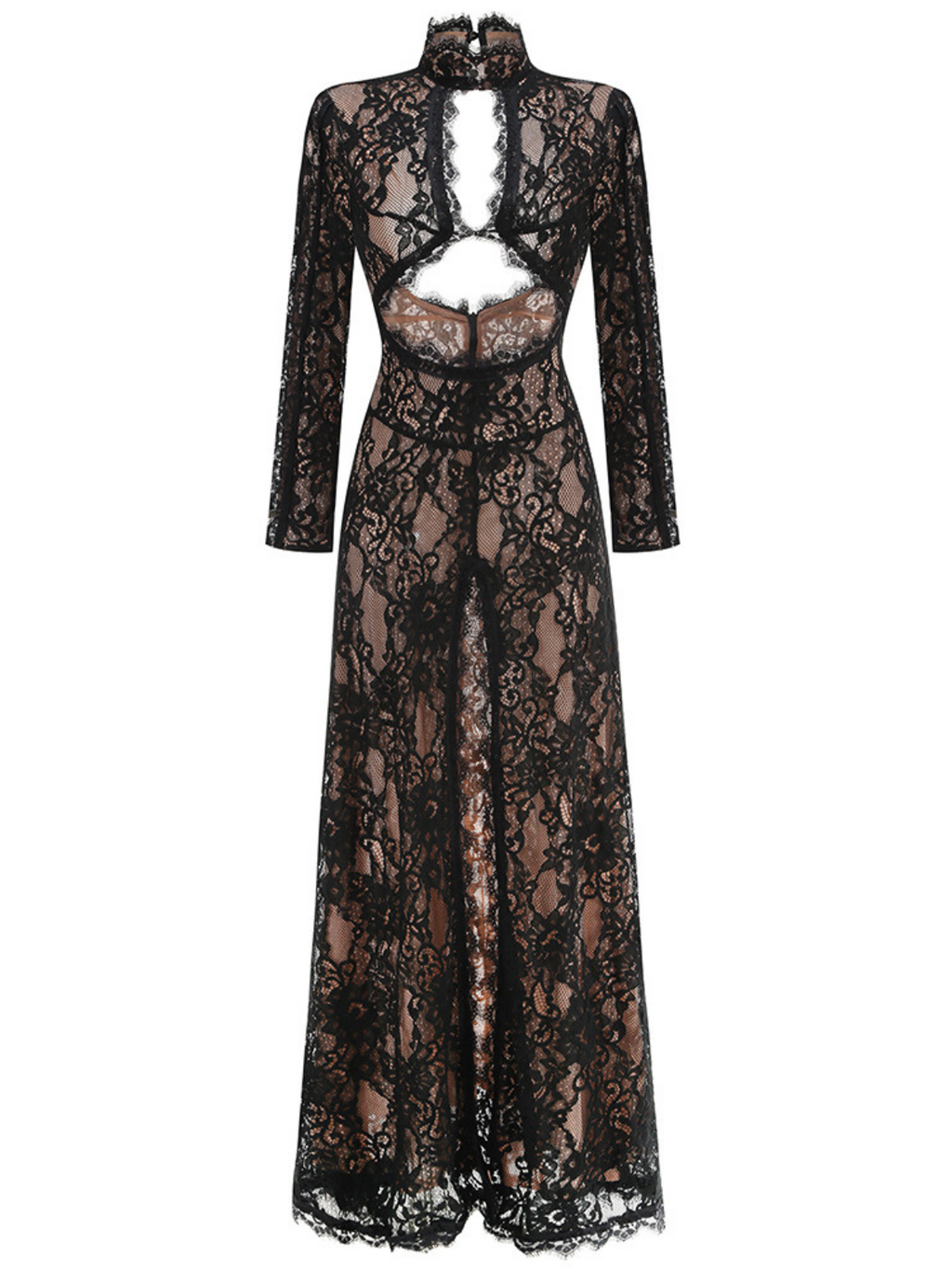 Mareike Long Sleeve Lace Split Maxi Dress In Black