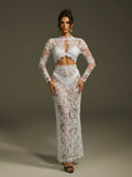 Mareike Long Sleeve Lace Split Maxi Dress In White