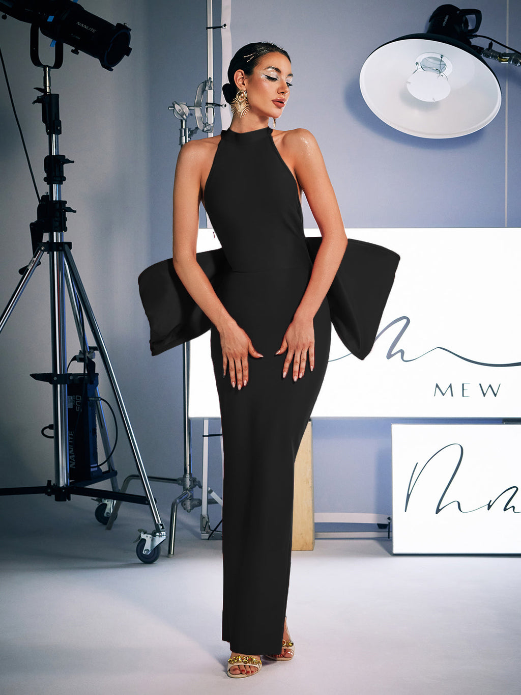 Milada Bow Bandage Split Dress In Black