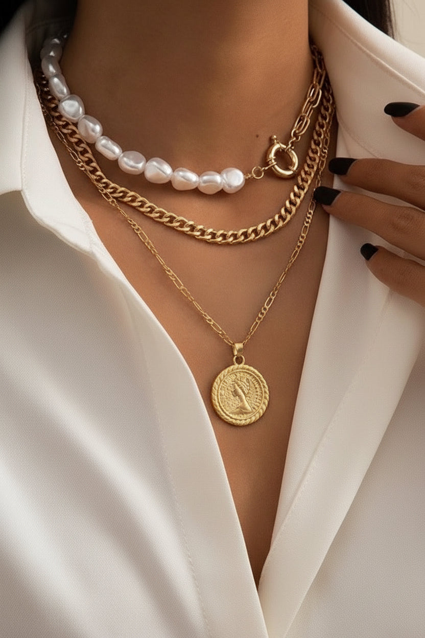 Multi-Layer Pearl & Coin Necklace for Women