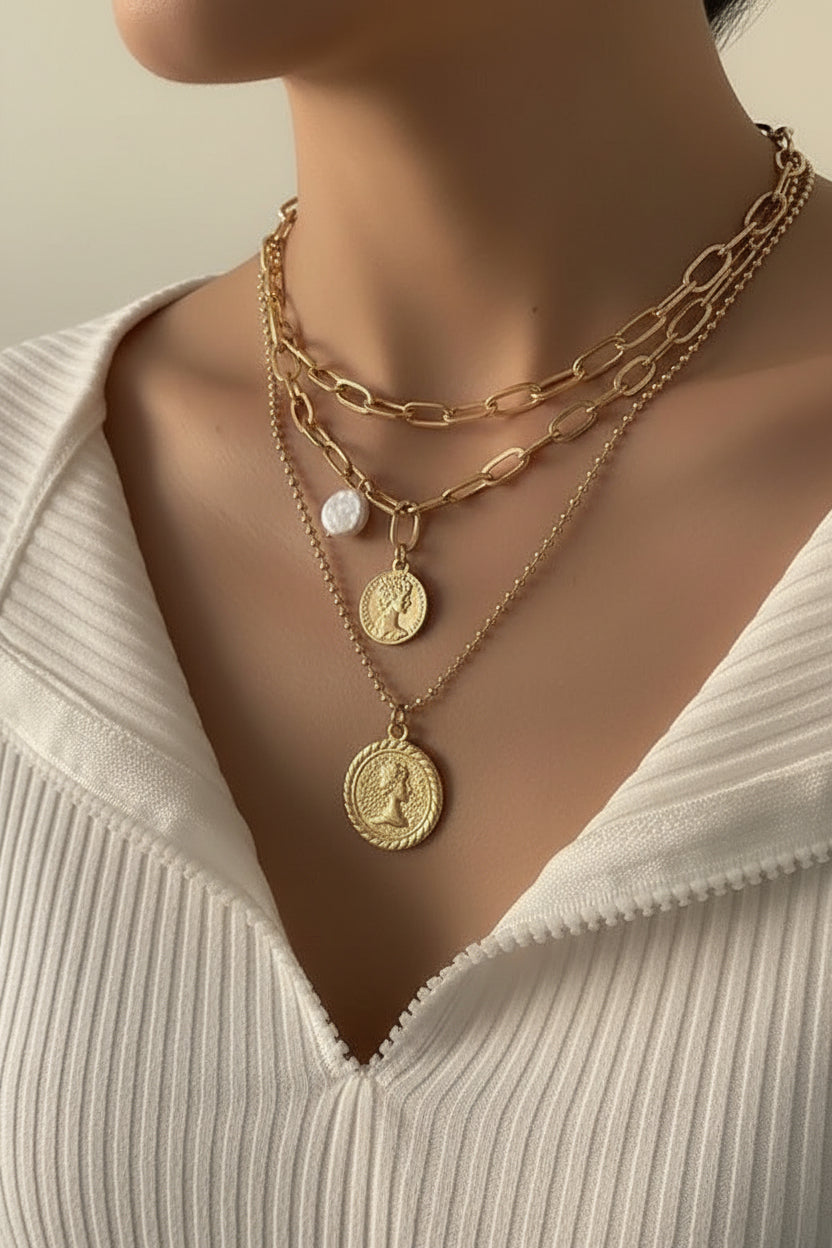 Multi-Layer Pearl & Coin Necklace for Women