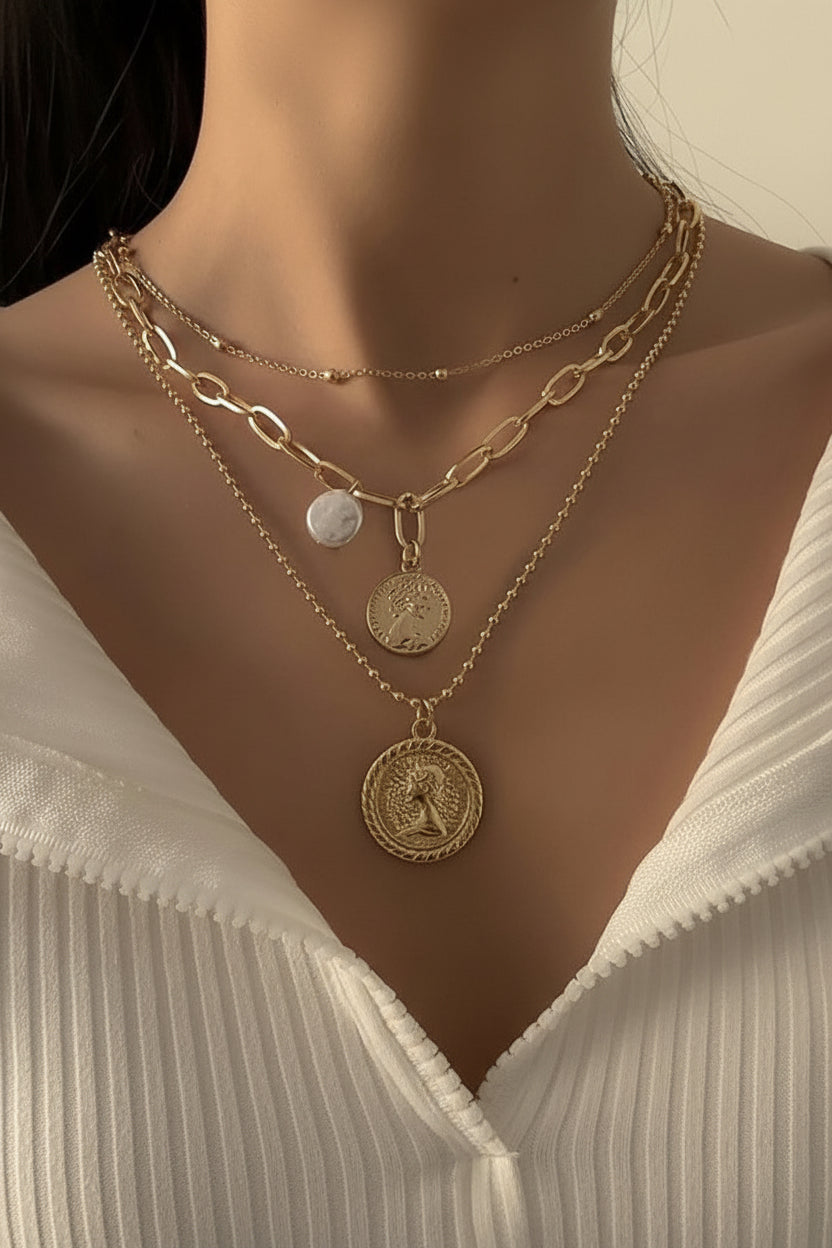 Multi-Layer Pearl & Coin Necklace for Women