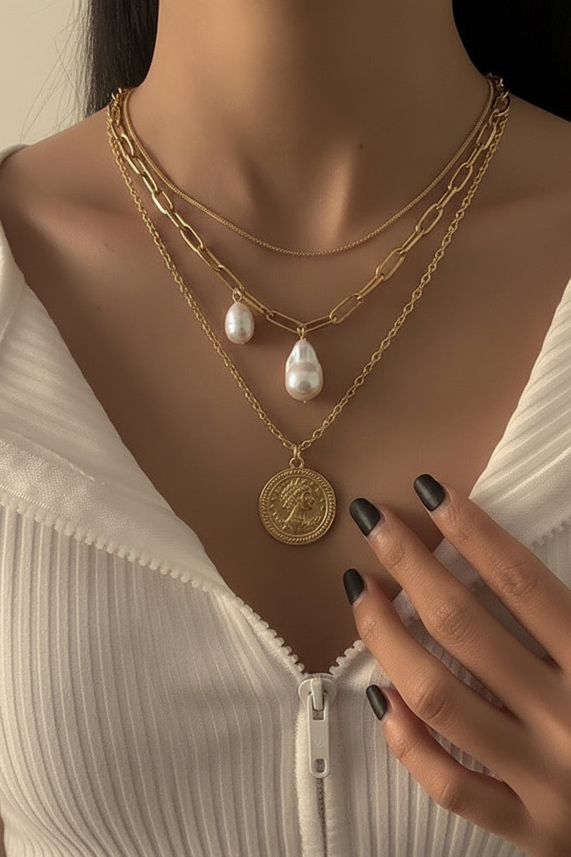 Multi-Layer Pearl & Coin Necklace for Women