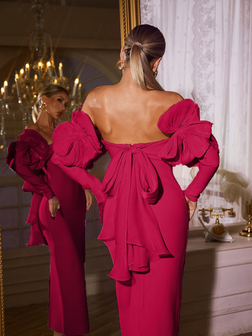 Naida Off Shoulder Flower Bandage Midi Dress In Hot Pink