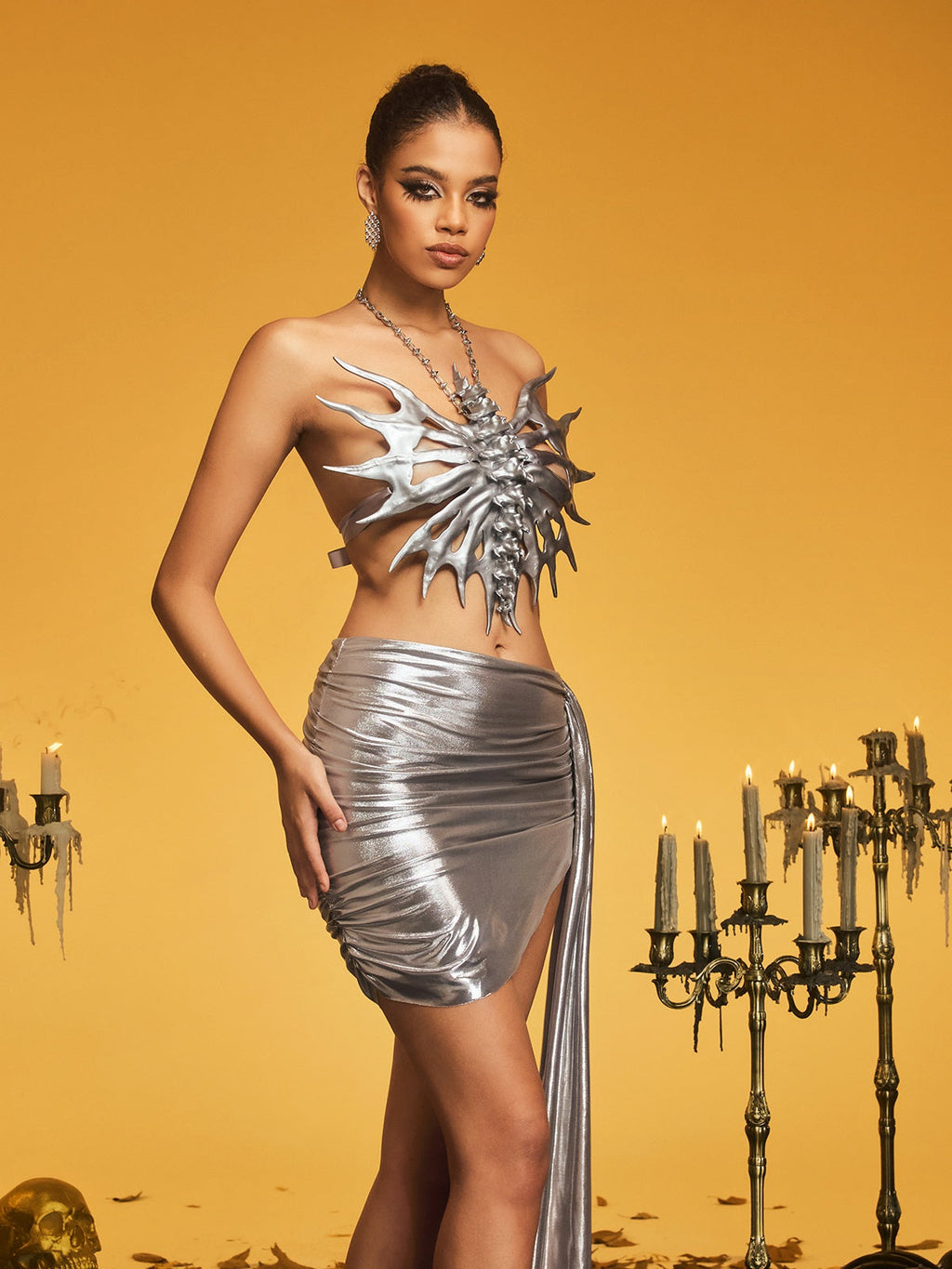 Naldrek Halterneck Butterfly Wing Armor Top In Silver