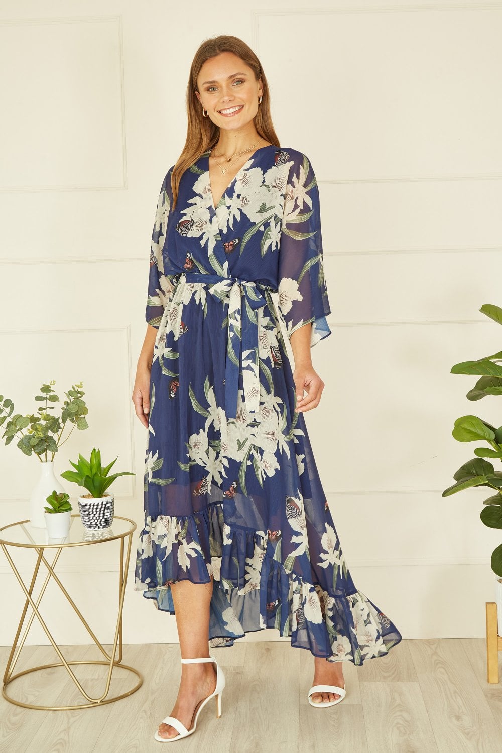 Navy Floral Kimono Sleeves Dip Hem Wrap Midi Dress