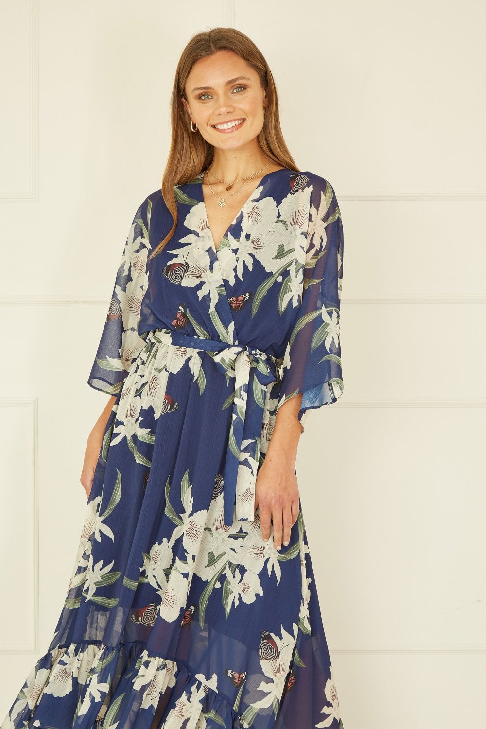Navy Floral Kimono Sleeves Dip Hem Wrap Midi Dress