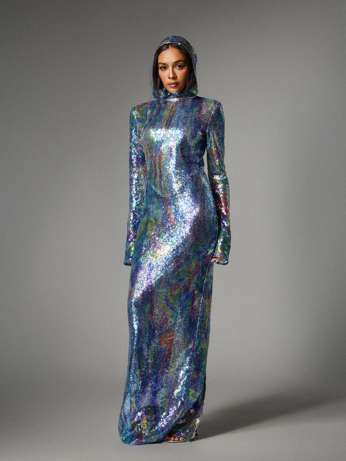Nebraska Ombre Long Sleeve Hooded Maxi Dress In Blue