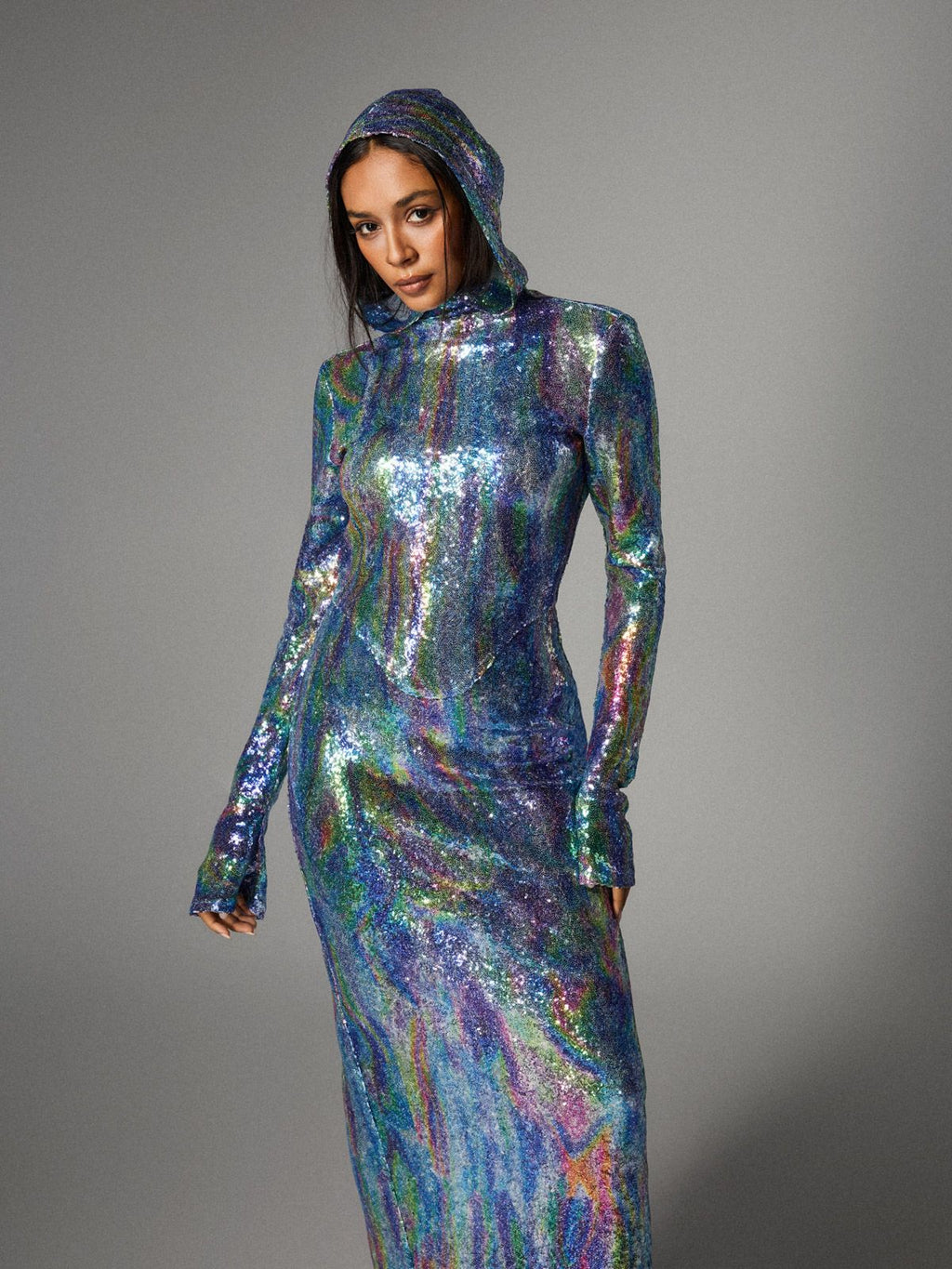 Nebraska Ombre Long Sleeve Hooded Maxi Dress In Blue