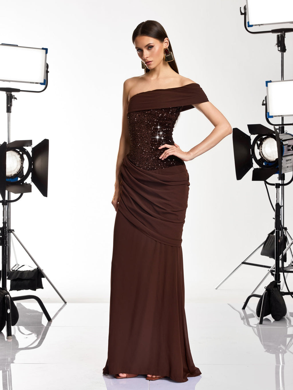Neravo One Shoulder Sequin Ruched Maxi Dress