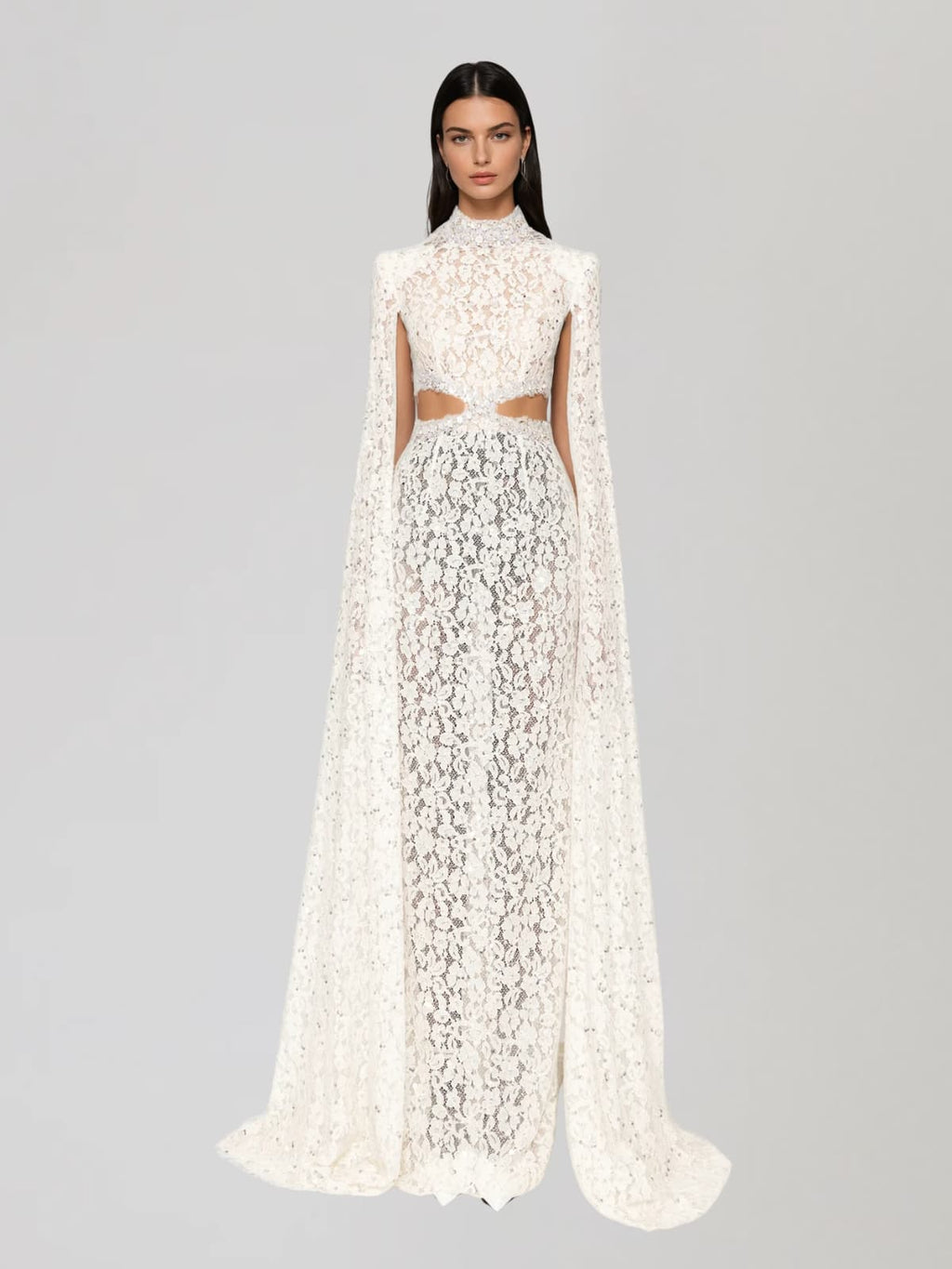 Nevra Cape Sleeve Rhinestone Cutout Maxi Dress
