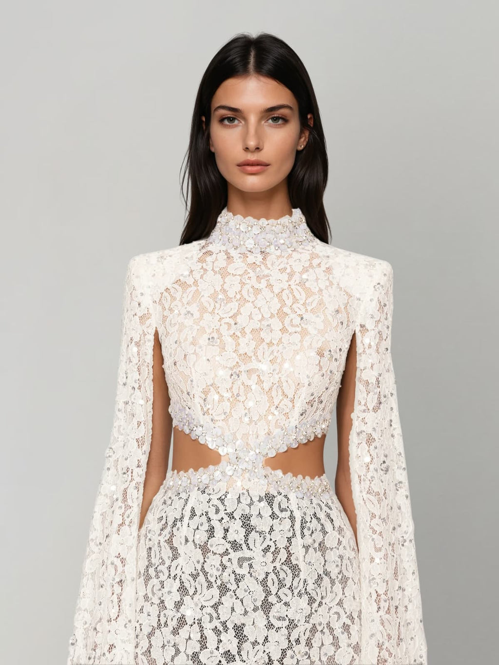 Nevra Cape Sleeve Rhinestone Cutout Maxi Dress