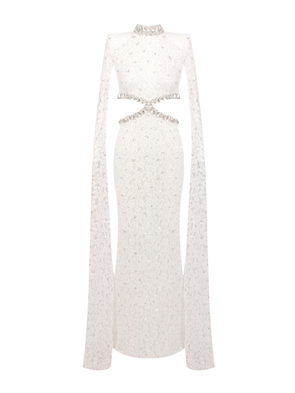 Nevra Cape Sleeve Rhinestone Cutout Maxi Dress