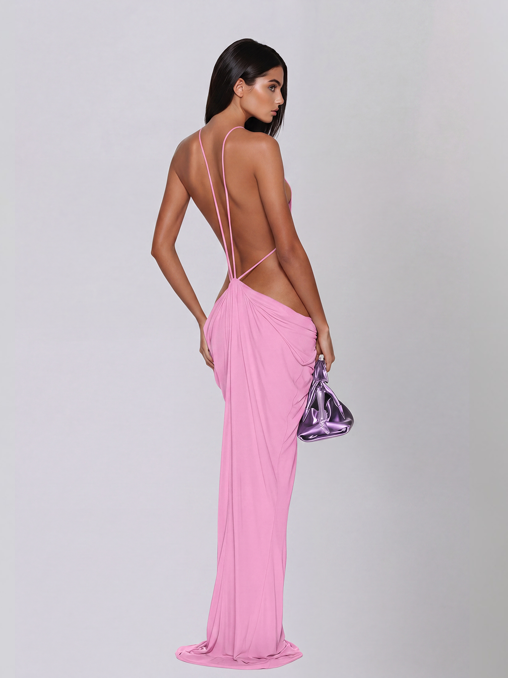 Norvalen Backless Cutout Draped Maxi Dress In Pink