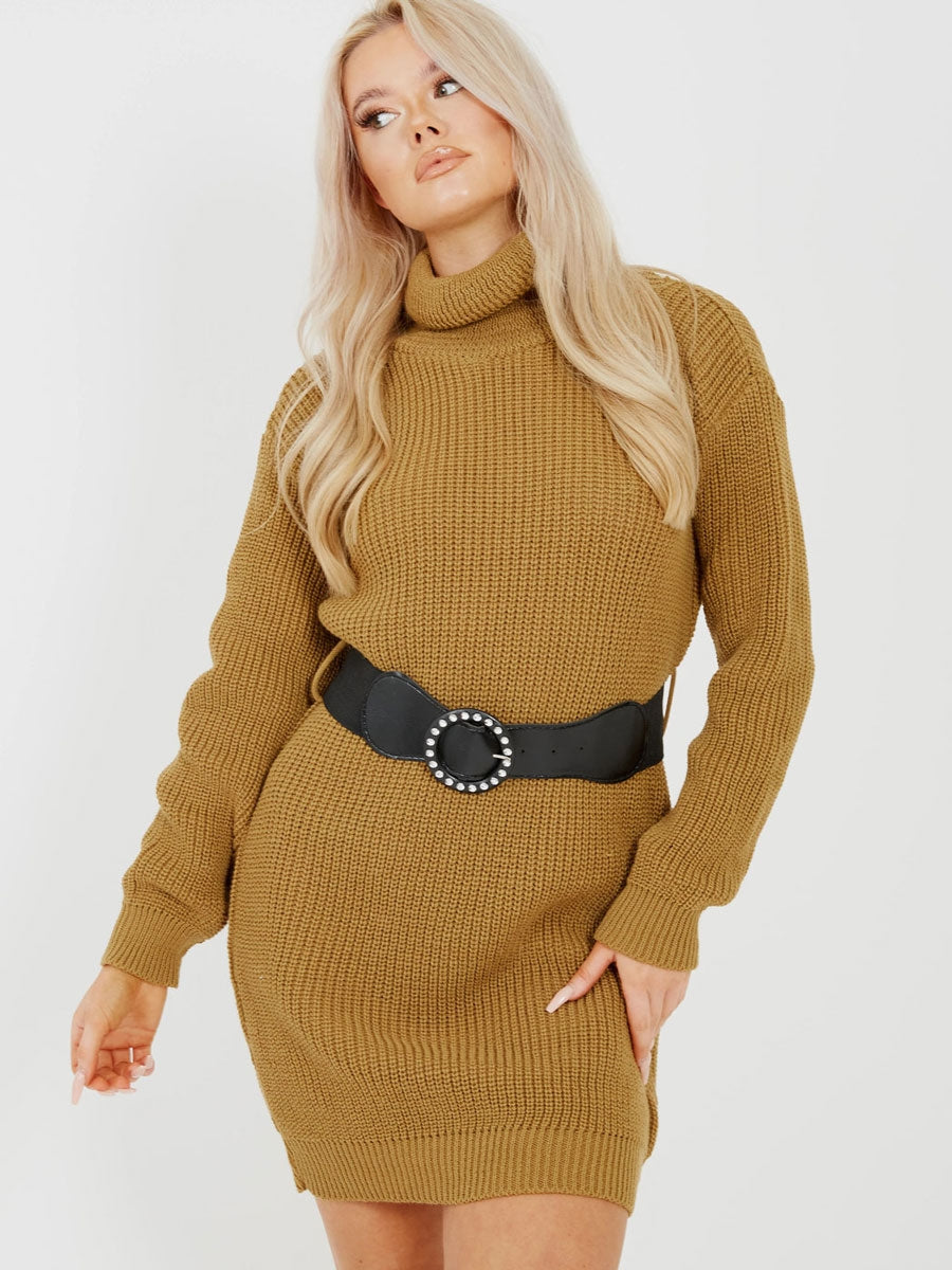 Roll Neck Knitted Dress With Belt