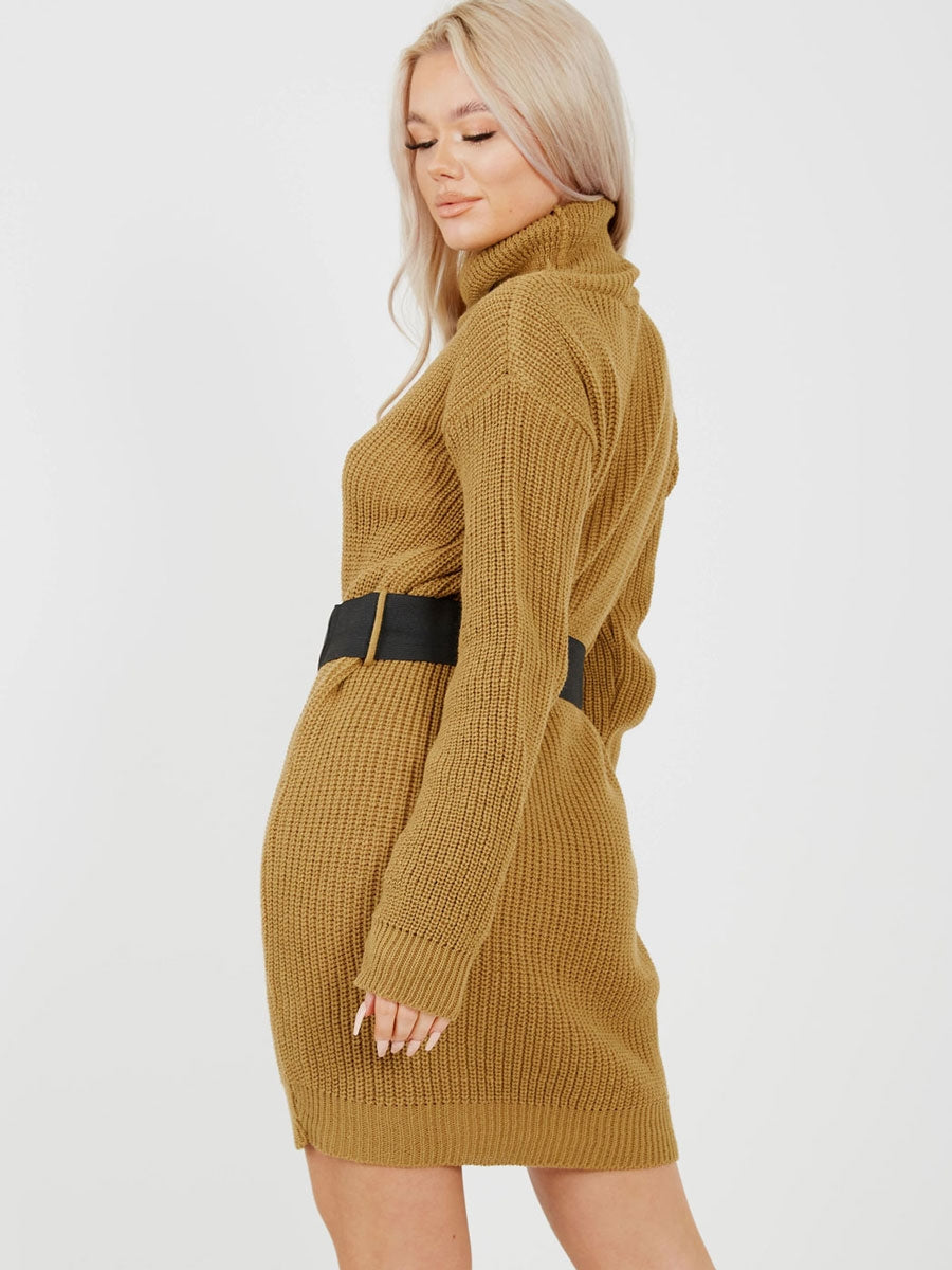 Roll Neck Knitted Dress With Belt
