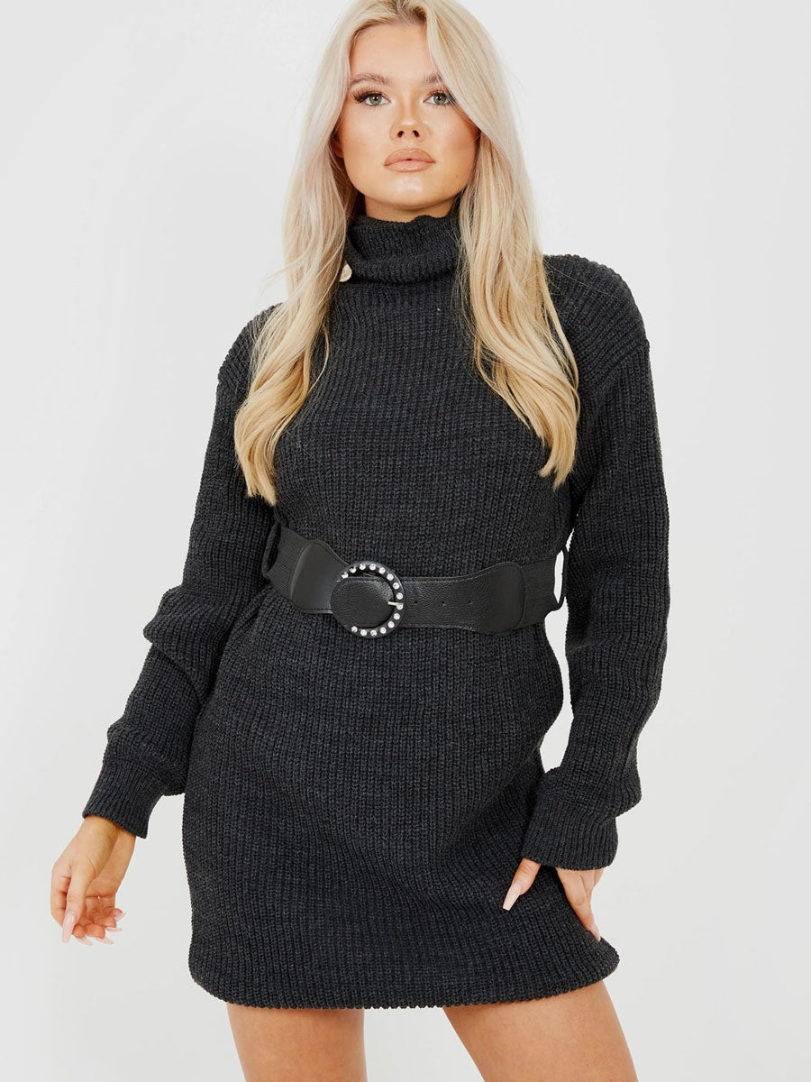 Roll Neck Knitted Dress With Belt